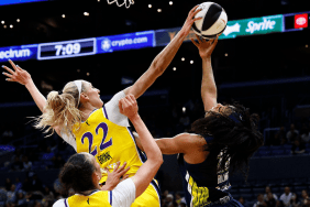 Cameron Brink #22 of the Los Angeles Sparks blocks the shot against Monique Billings #25 of the Dallas Wings