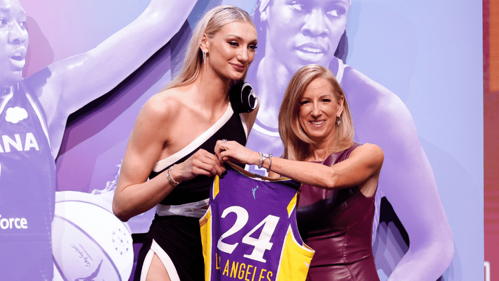 Cameron Brink poses with WNBA Commissioner Cathy Engelbert after being selected second overall pick by the Los Angeles Sparks during the 2024 WNBA Draft