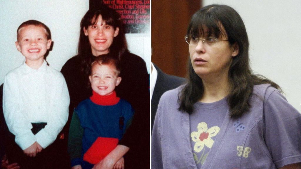 Andrea Yates with her two kids in a family photo, Andrea Yates listens as the verdict is read