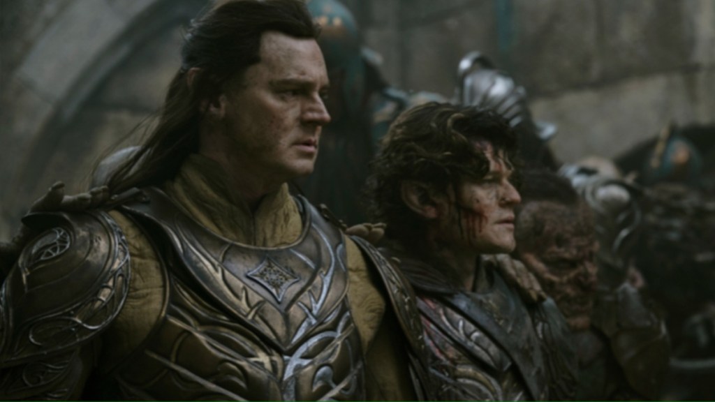 Two elves in battle in The Lord of the Rings: The Rings of Power.