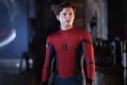 Tom Holland stands as Spider-Man in Far From Home.