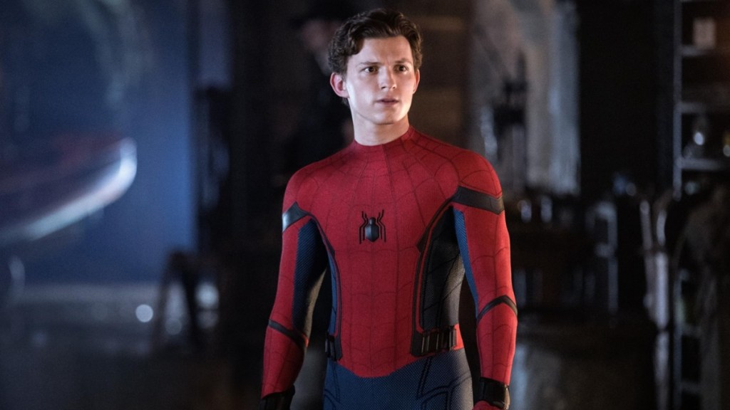 Tom Holland stands as Spider-Man in Far From Home.