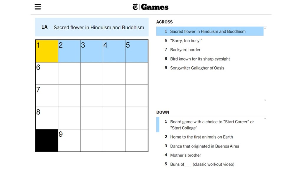 Secret Flower in Hinduism and Buddhism NYT Crossword Mini October 29 2024 Tuesday