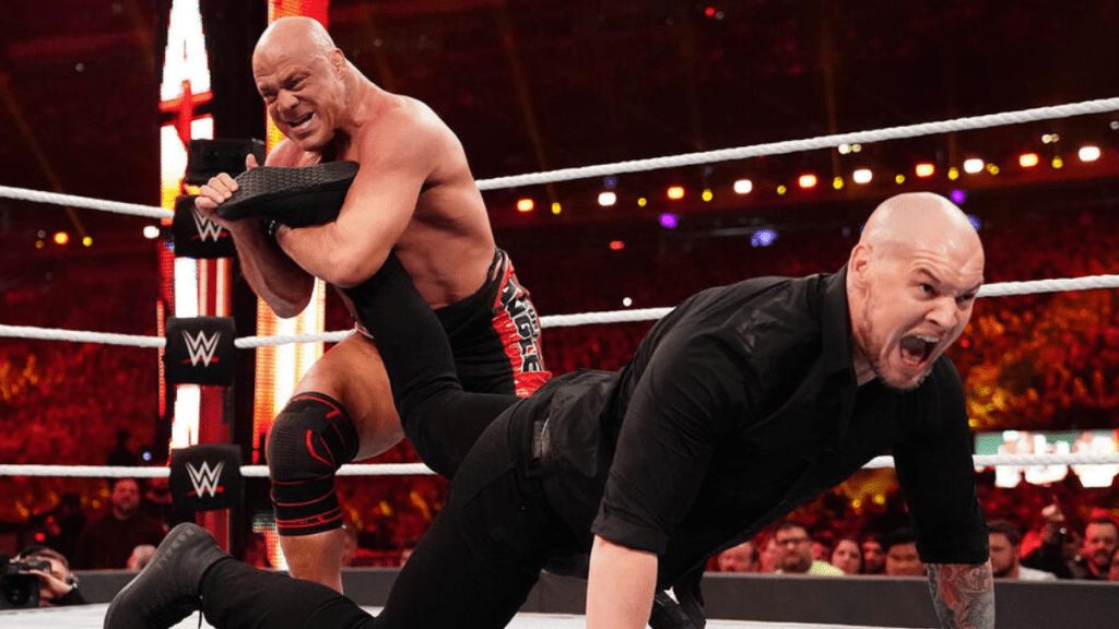 WWE Hall of Famer Kurt Angle and Baron Corbin at WrestleMania 35