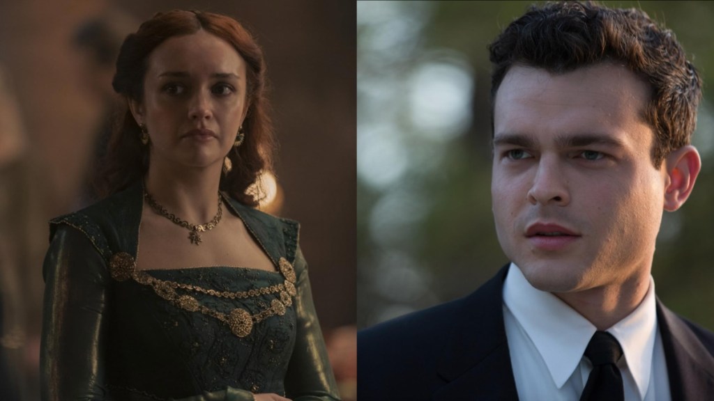 Olivia Cooke and Alden Ehrenreich both stare.