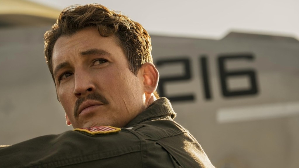 Miles Teller looks back in Top Gun: Maverick.