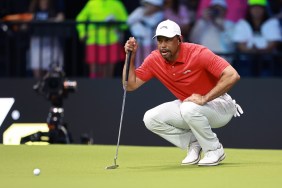 Tiger Woods of Jupiter Links Golf Club lines up a putt on the 11th green during their TGL presented by SoFi match against the Atlanta Drive GC at SoFi Center on March 04, 2025 in Palm Beach Gardens, Florida.